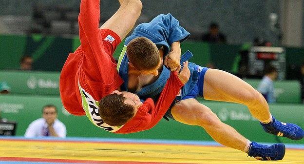 Поединок самбо. Фото https://ru.wikipedia.org/wiki/Самбо#/media/Файл:Sambo_at_the_2015_European_Games.jpg