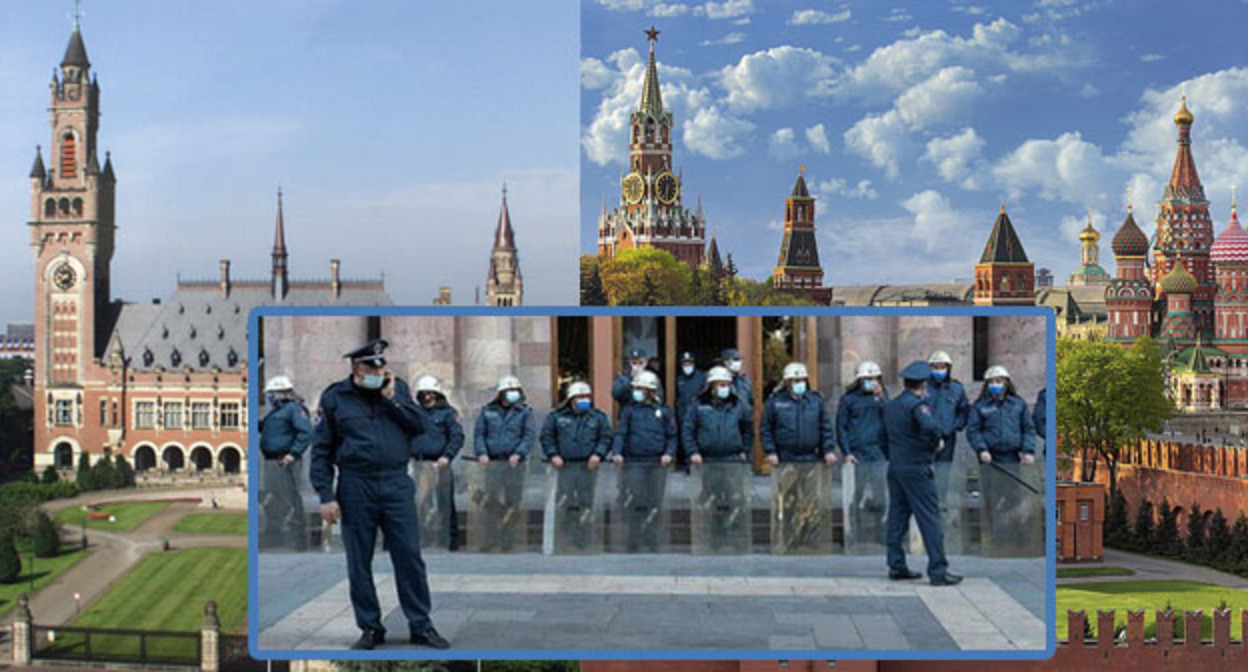 Гаагский суд, Московский кремль, сотрудники полиции возле здания парламента в Ереване. Коллаж "Кавказского узла". Фото: Ivan Smelov. https://ru.wikipedia.org Yeu Ninje, Тигран Петросян для "Кавказского узла"