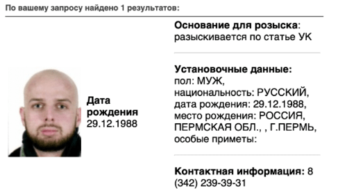 Информация о розыске Никиты Ботберга. Скриншот "Медиазоны" (внесена в реестр иноагентов) из базы розыска МВД России.