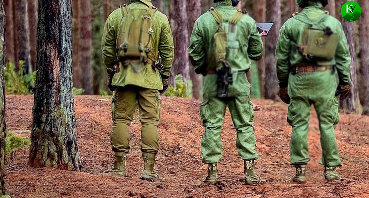 Военные в лесу. Иллюстрация создана «Кавказским узлом» с помощью ИИ в программе Photoshop